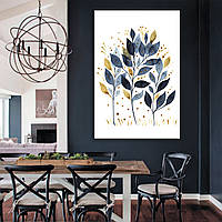 Картина в скандинавському стилі Синьо жовті золотисті листя на білому тлі 120, 80
