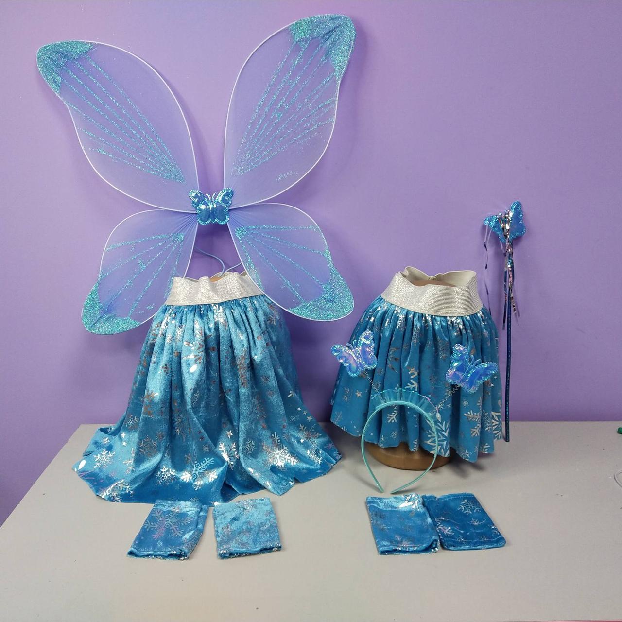 Набір новорічний костюм метелика крила зі спідницею візерунок зірки та рукавичками обруч та чарівна паличка блакитний 1 шт, фото 1