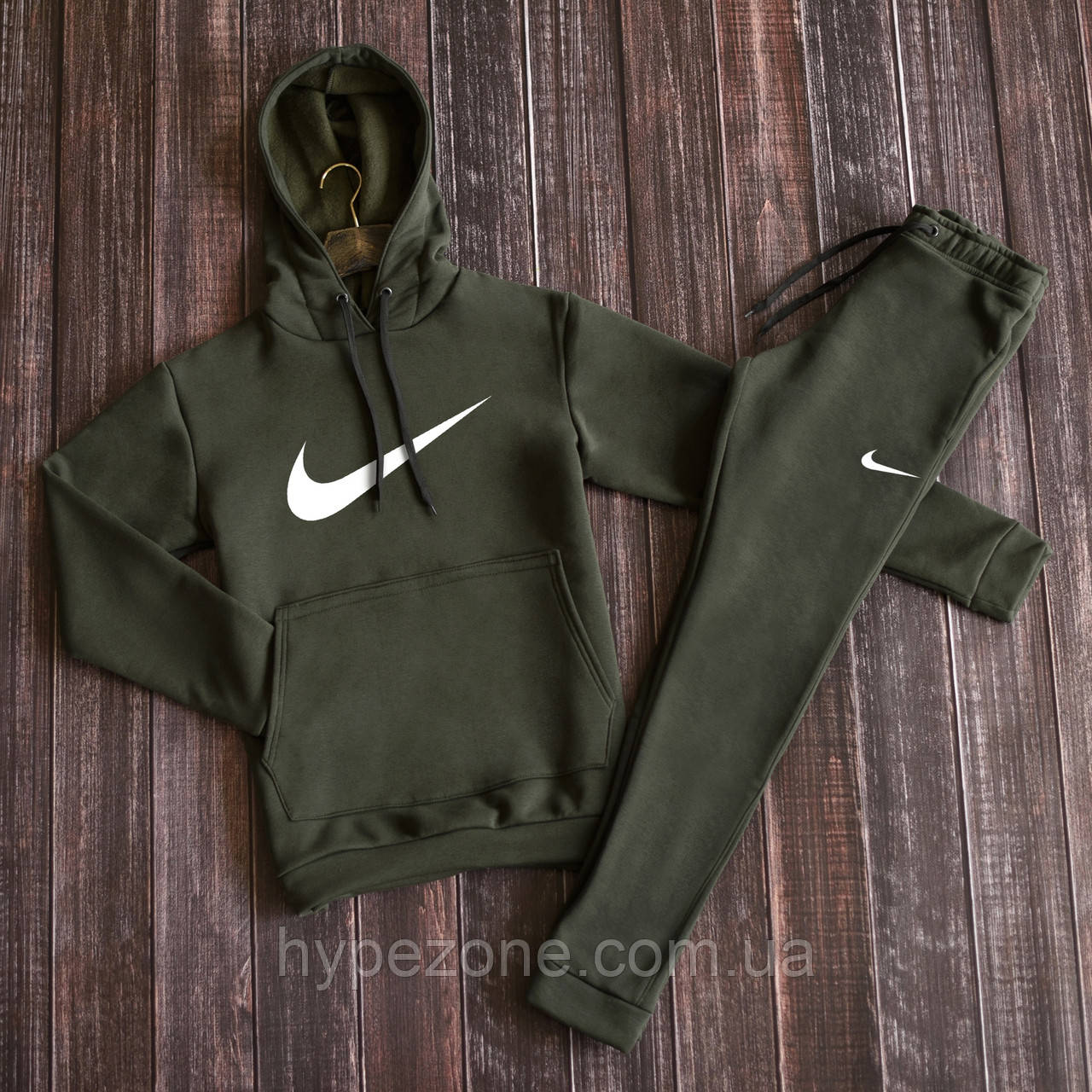 Костюм спортивний NIKE темнозелений Світшот з капюшоном хакі мілітарі Толстовка з принтом Найк чоловічі штани NIKE