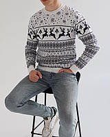 Мужской свитер с оленями снежинка белый