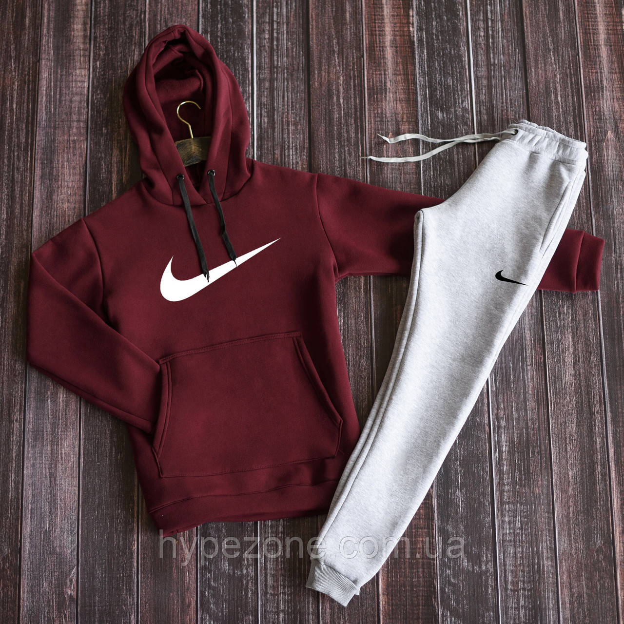 Костюм спортивний NIKE Бордовий Світшот з капюшоном Червона Толстовка з принтом Найк чоловічі штани NIKE на резинці