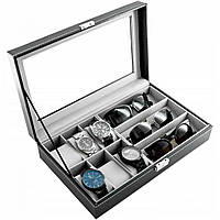 Скринька для годинника, браслетів та окулярів (6 годин + 3 очок) колір чорний, шкіра (33х20х8 см)