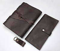 Набор кожаных изделий блокнот портмоне брелок темно-коричневый