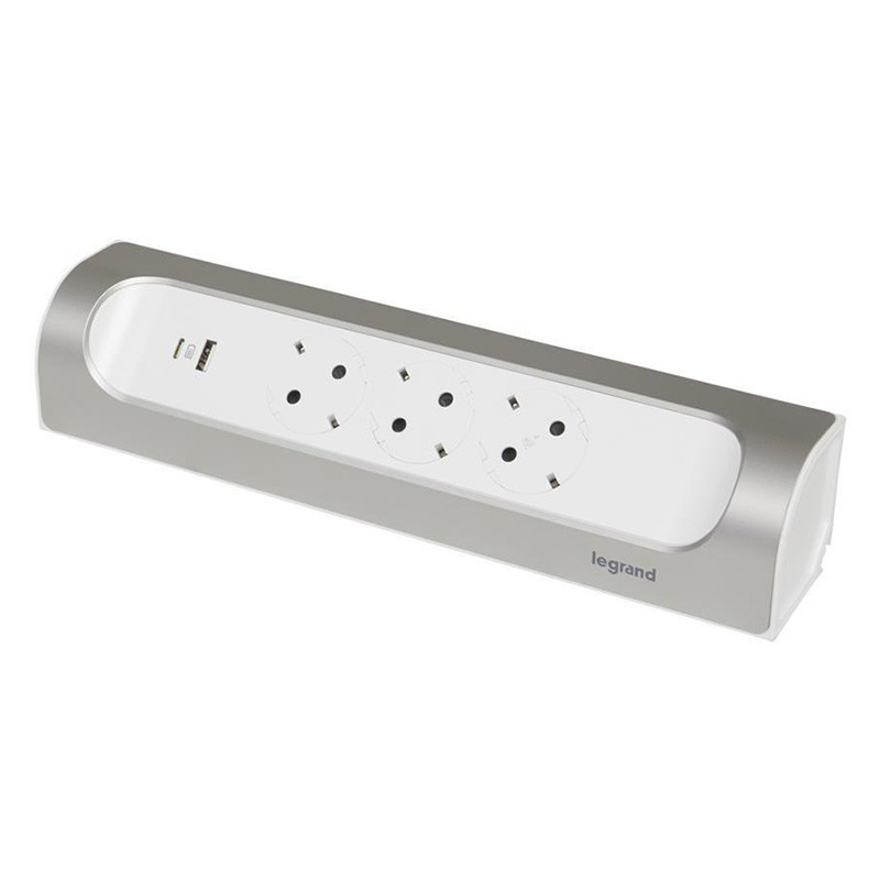 Колодка під подовжувач Legrand УГЛОВИЙ на 3 розетки з USB A+C без кабелю алюміній/білий (694504), фото 1