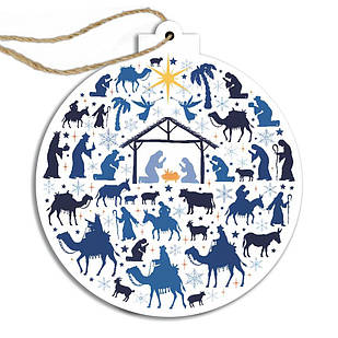 Іграшка новорічна ялинкова дерев'яна у формі шара з малюнками 7 см хрі015бу Тур-Колекшн