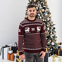 Бордовый мужской свитер с оленями теплый Турция новогодний, мужская приталенная новогодняя кофта (шерсть акрил M