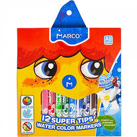 Фломастери на водній основі 12 кольорів, MARCO Super Washable