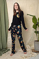 Хлопковая пижама (кофта+брюки) Pijama po fanu черная Ленивцы трикотаж 42 44 46 48 50 52 54 56 (XS-4XL)