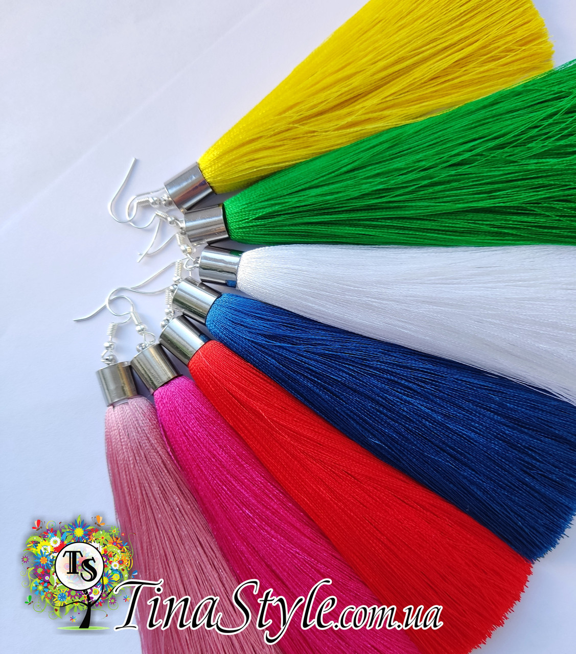 Сережки сережки Пензлик жовті лимонні червоні пудра малинові білі зелені сині, фото 1