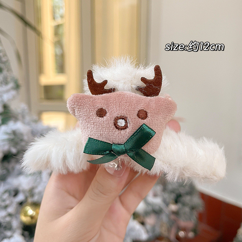 Крабик для волосся/ шпилька для волосся/пухнастий крабик / новорічний/ з оленем/ білий