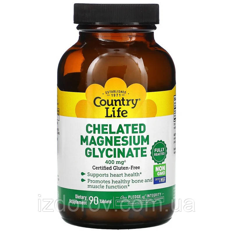 Хелатний Гліцинат Магнію 400 мг Country Life Chelated Magnesium Glycinate для здоров'я серця 90 таблеток
