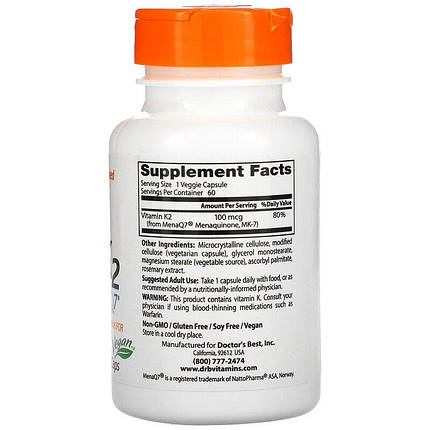 Doctor's Best Natural Vitamin K2 MK-7 with MenaQ7 100 mcg 60 VCaps, фото 3