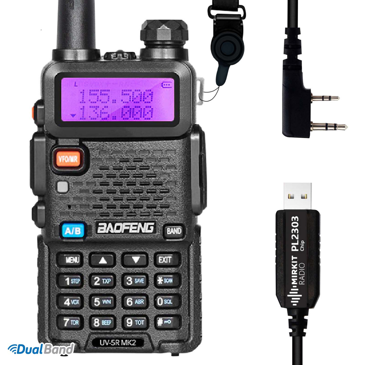 Рація Baofeng UV-5R МК2, UHF / VHF, 5 Вт, Li-ion 1800 мАг + кабель Mirkit PL2303 Basic Model + Шнурок Mirkit