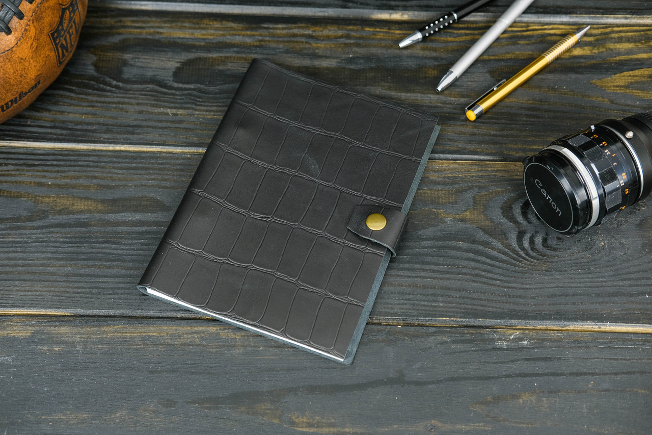 Блокнот в шкіряній обкладинці формату А5 з натуральної шкіри колір Чорний, відбиток №2