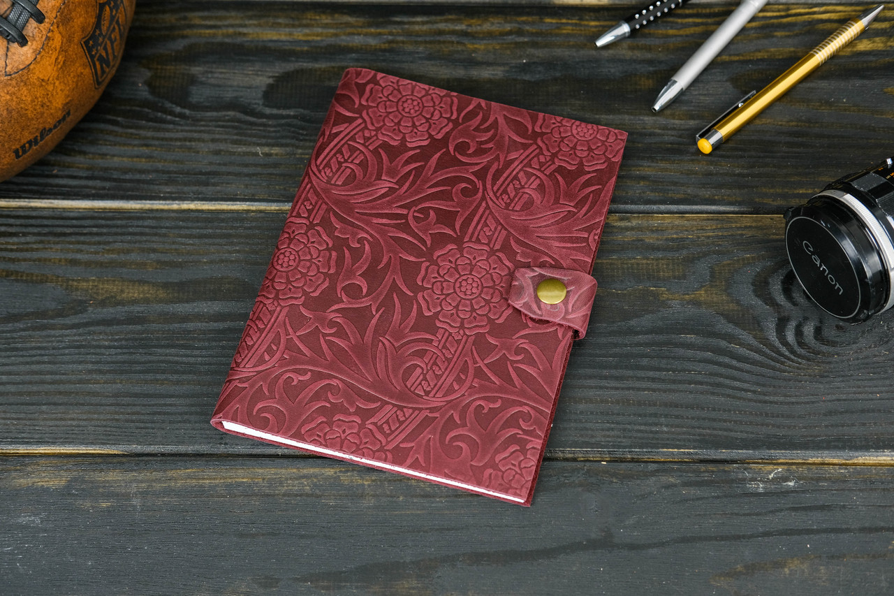 Блокнот в шкіряній обкладинці формату А5 з натуральної шкіри колір Бордо, Відтиск №3