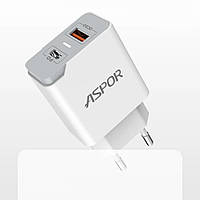 Мережевий зарядний пристрій Aspor A826 PD + QC Fast Charger 2в1 Type-C + Type-C- білий