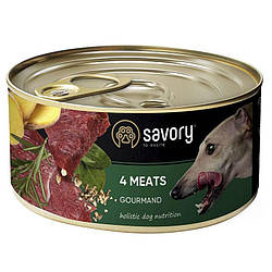 Savory Dog Gourmand 4 meats -Консервований корм для вибагливих собак (4 види м'яса) 200 гр