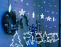 Гирлянда штора светодиодная Колокольчики, олени и звезды, занавес, водопад, LED, холодный белый свет