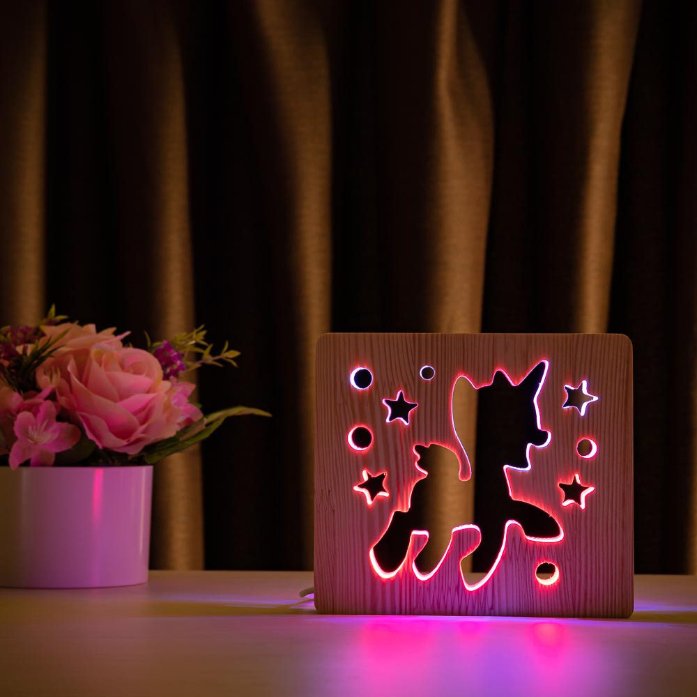 Світильник нічник ArtEco Light з дерева LED "Поні-єдиноріг" з пультом та регулюванням кольору, подвійний RGB