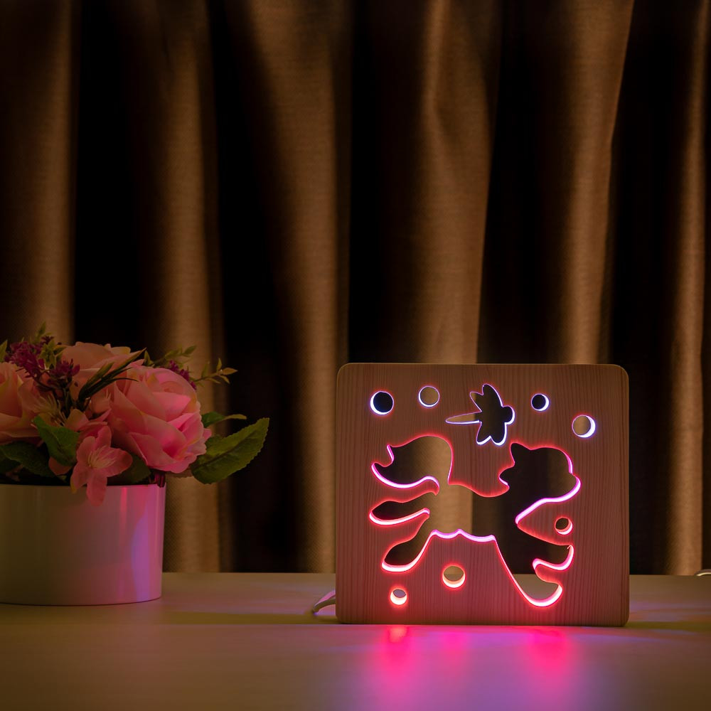 Світильник нічник ArtEco Light з дерева LED "Поні та стрекоза" з пультом та регулюванням кольору, подвійний RGB