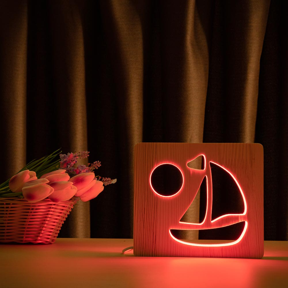 Світильник нічник ArtEco Light з дерева LED "Кораблик" з пультом та регулюванням кольору, RGB