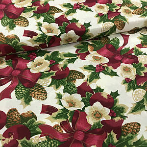Тканина польська бавовняна, червоні бантики з бежевими квіточками і зеленими листям Відріз(2*1,6 м)
