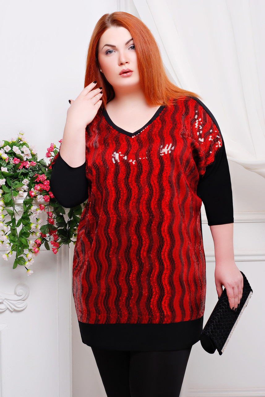 Ошатна туніка з заниженою проймою і рукавом 3/4 для святкового вечора з паєтками великого розміру 54-60, фото 1