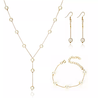 Набір ланцюжок + сережки висюльки висячі + браслет. Красива біжутерія "Перли VG45" Золотистий