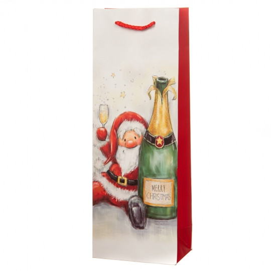 Подарунковий пакет "Різдвяні колядки" 12,8*8,4*36 червоний з Дідом Морозом та шампанським