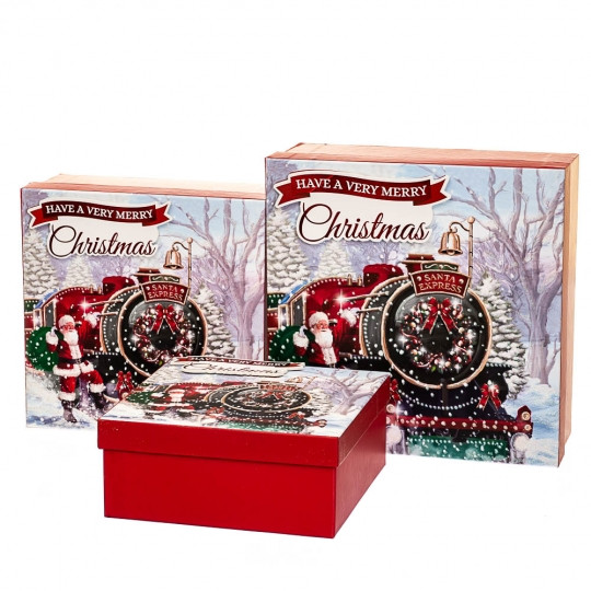 Подарункові коробки набір з 3 шт "Казковий Санта" 28*28*11 см червоні паровозом.