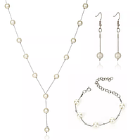 Набір ланцюжок + сережки висюльки висячі + браслет. Красива біжутерія "Перли VG45" Сріблястий