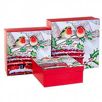 Подарочные коробки набор из 3 шт "Зимние птички" 28*28*11 красные с снигирями