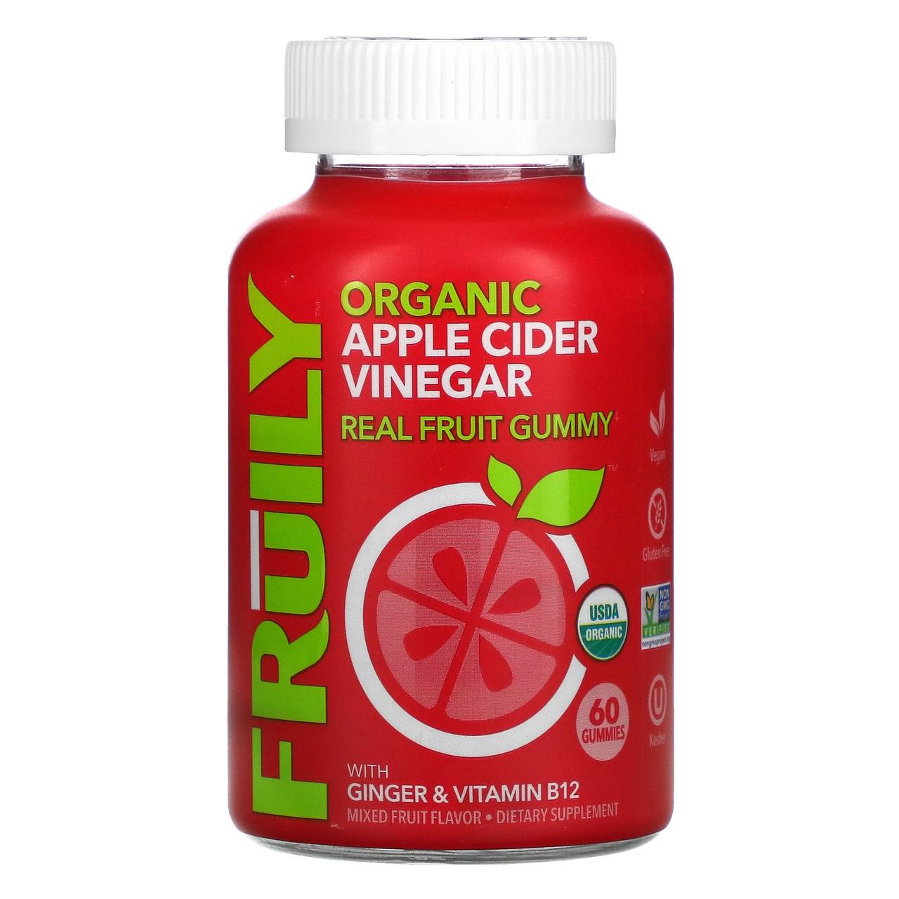 Органический яблочный уксус с имбирем и витамином B12, фруктовый микс, 60 жевательных конфет Fruily