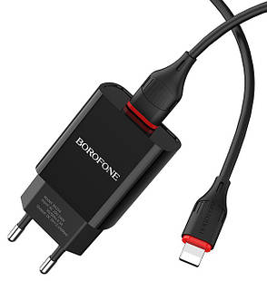 Зарядний пристрій (зарядка) для телефону Borofone BA20A + кабель Lightning 2.1 А Чорний, фото 1