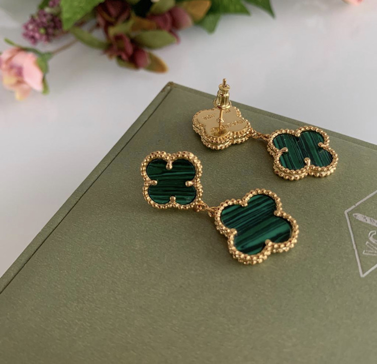 Vancleef Ванкліф сережки зелені на 2 елементи позолота 18 К/Сережки Клевер колір малахіт, фото 1