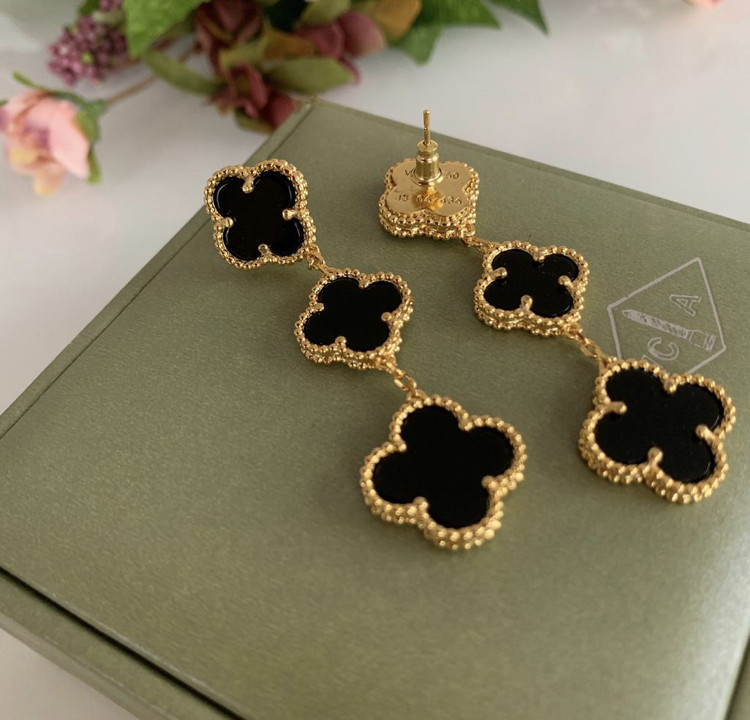 Vancleef Ванкліф сережки чорні на 3 елементи позолота 18 К/Сережки Клевер колір агат, фото 1