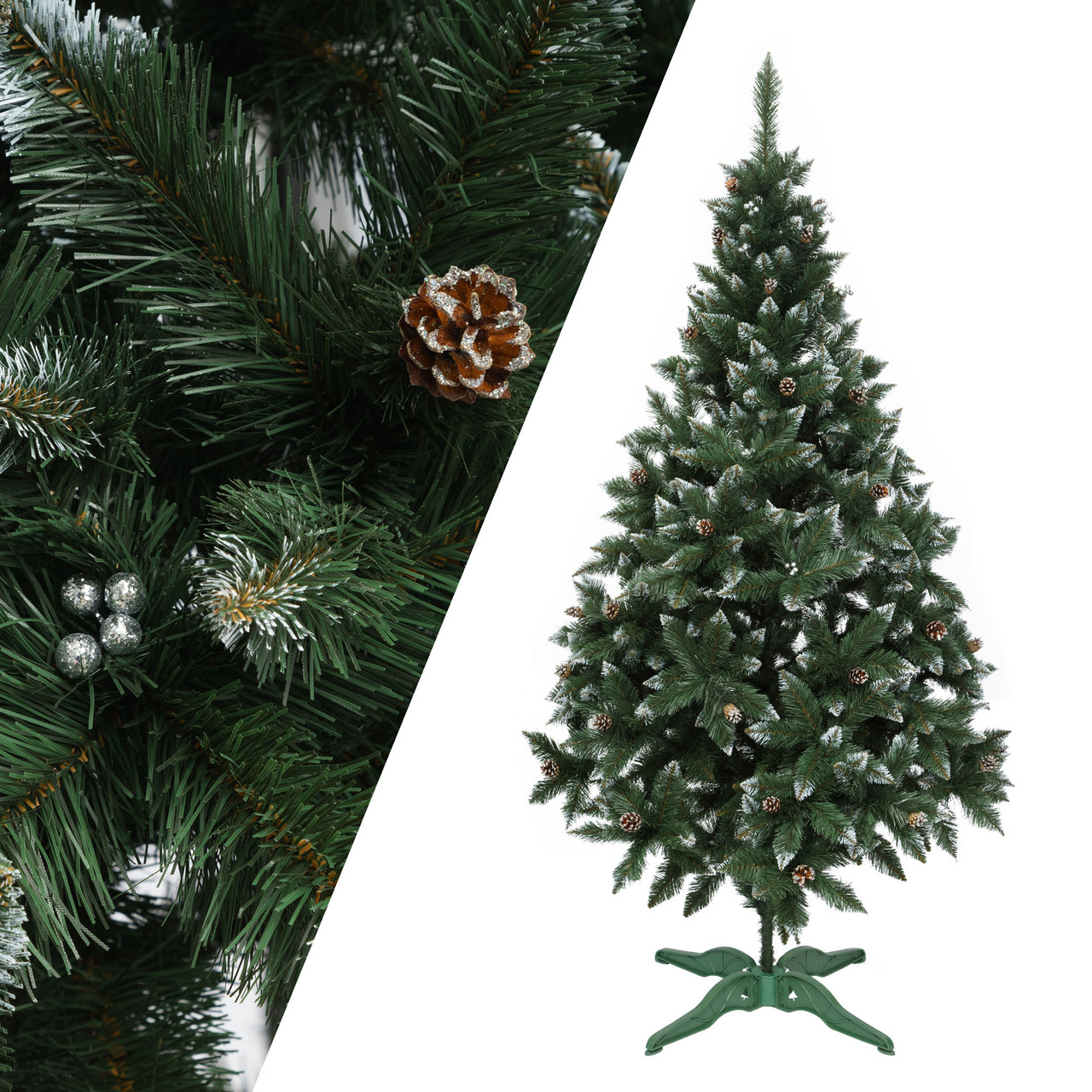 Ялинка пВх 1,3 м новорічна штучна Ялина з білим напиленням на кінчиках із шишками та срібними ягодами