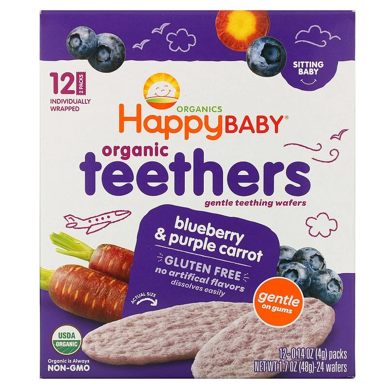 Happy Family Organics Органічні вафлі для прорізування зубів, для малюків лохина і фіолетова морква 12п