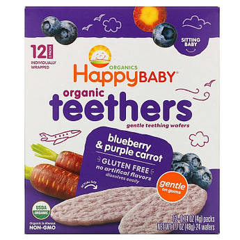 Happy Family Organics Органічні вафлі для прорізування зубів, для малюків лохина і фіолетова морква 12п