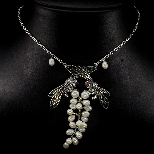 Серебряное ожерелье с жемчугом, рубинами и цветной эмалью - фото 1 - id-p1540274374