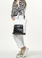 Женская сумка шоппер эко-кожа с большим карманом и двумя ручками, двухцветная: черная - белая + ключница