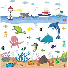 Вінілові наклейка на стіну, наклейки у ванну, в дитячу "Море, маяк, кит, рибки" 81см*80см (лист60*90см)