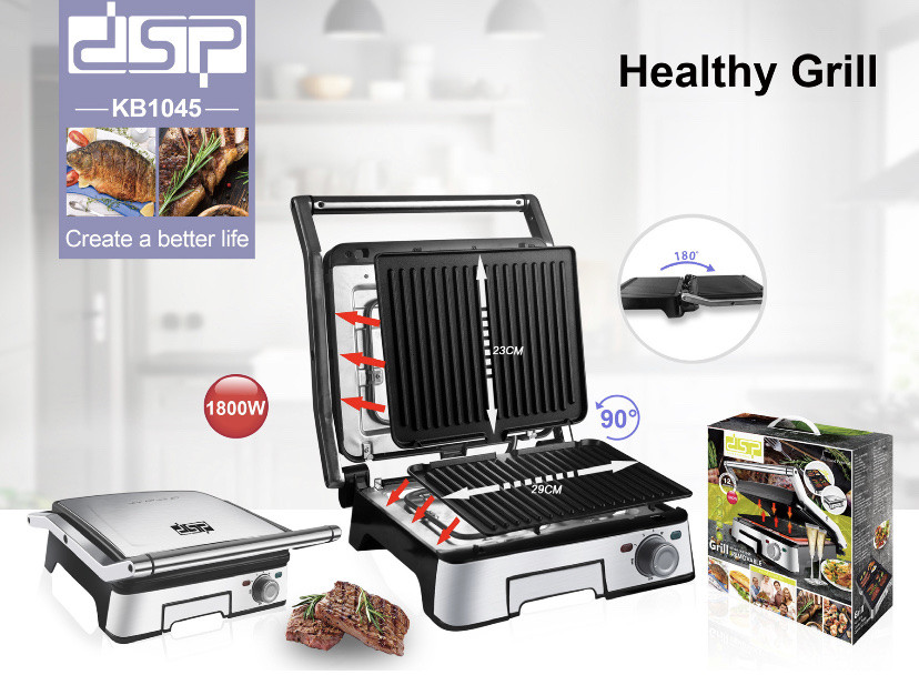 Електричний гриль DSP з регулюванням температури 1800 Ватів Притискний гриль KB-1045 (4 шт./яск), фото 1