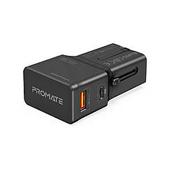 Мережевий зарядний пристрій Promate TriPlug-PD20 USB-C PD+USB-A QC та EU/US/UK/AUS штекер Black