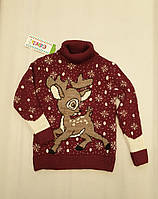 Детский бордовый свитер с оленями для мальчиков 3,5,6 лет