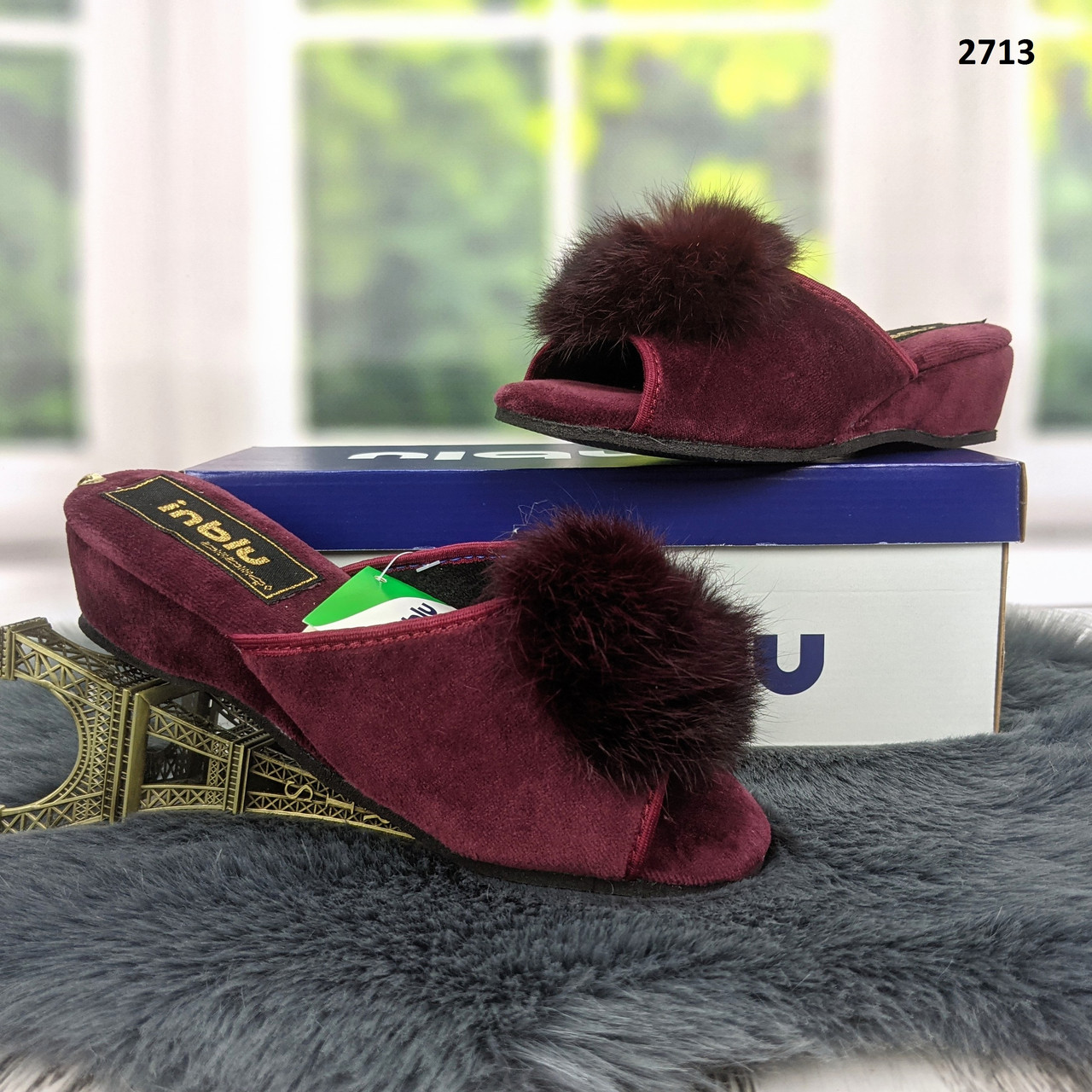 Тапочки домашні жіночі Inblu на танкетці з відкритим носком і пушком бордові, фото 1