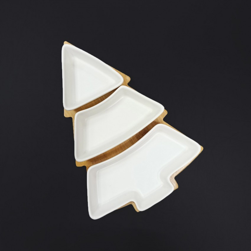 Менажниця керамічна на бамбуковій підставці "Ялинка" Біла 01120 YG, фото 1