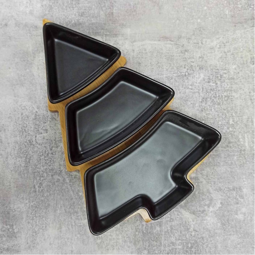 Менажниця керамічна на бамбуковій підставці "Ялинка" Чорна 01120 YG, фото 1