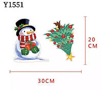 Новогодняя силиконовая наклейка на окно "Снеговик и елка"- 30*20см
