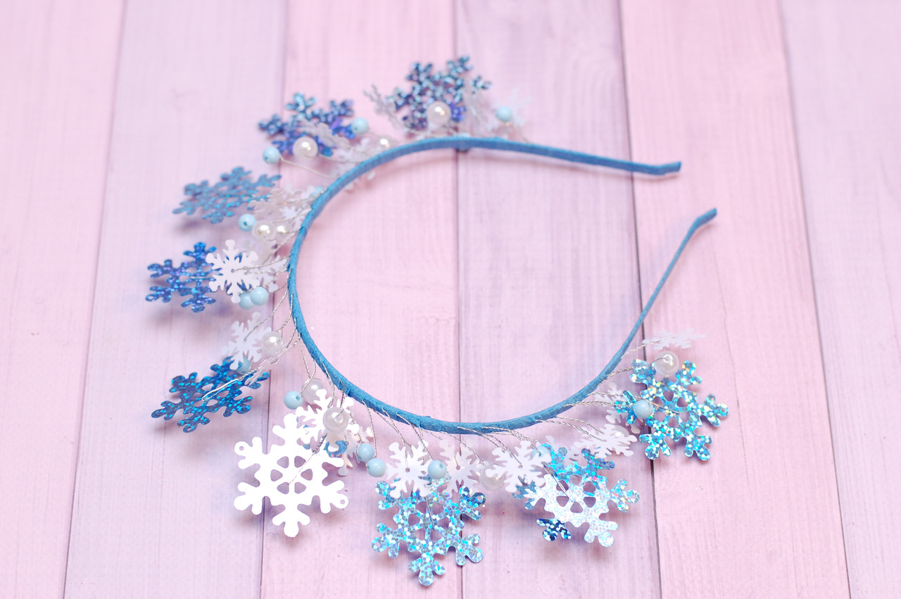 Обруч для волосся / обідок на голову новорічний сніжинки блакитний 504, фото 1